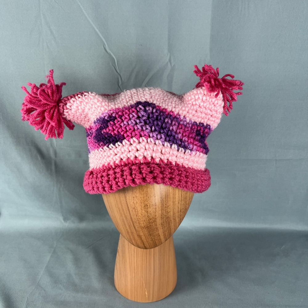 Womens Hexi Jester Hat One Size Crochet Multicolor Striped Pom Pom Winter Warm